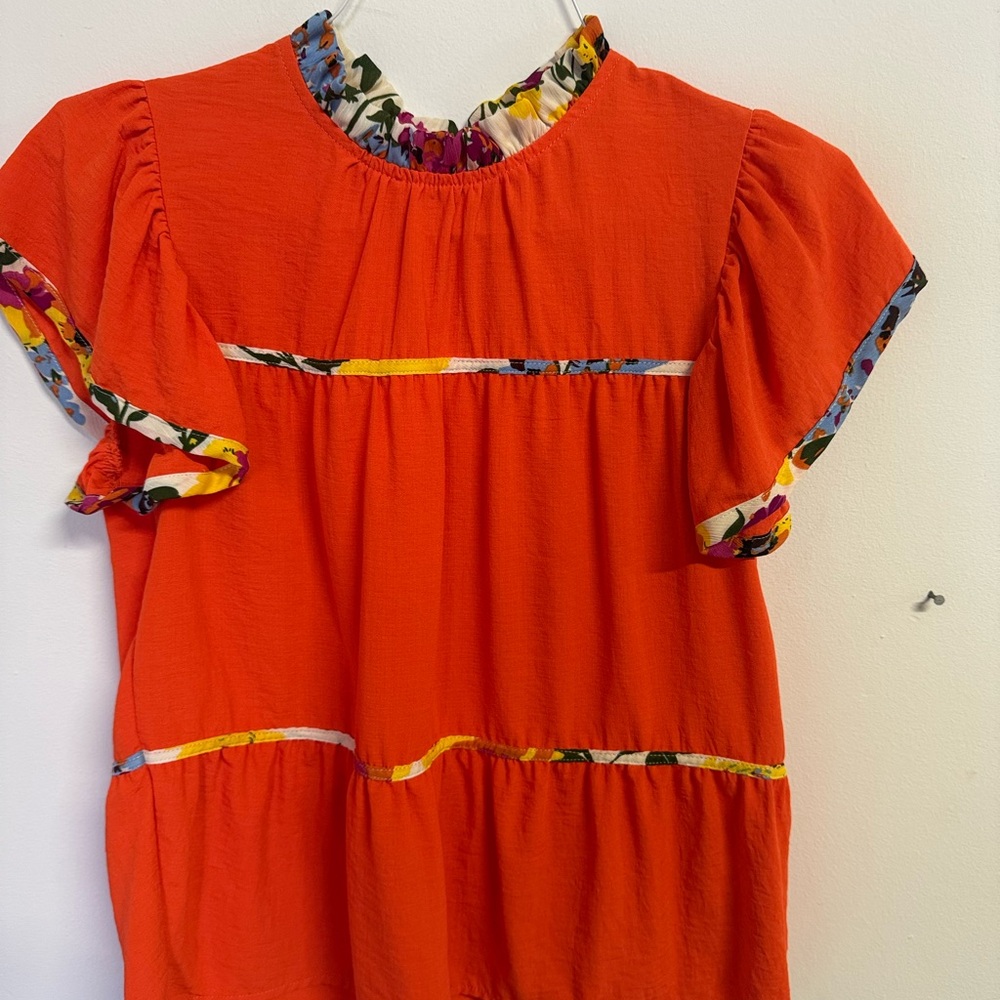 THML Bright Orange Short-Sleeve Blouse with Floral Trim